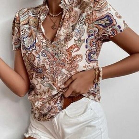 Boho Printed Paisley Floral Notched Neck Blouse - Picture 4 of 8